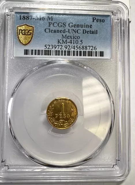 1887 MO M  Mexico 1 Peso Gold, KM# 410.5, PCGS UNC Detail, Mintage of only 2,200