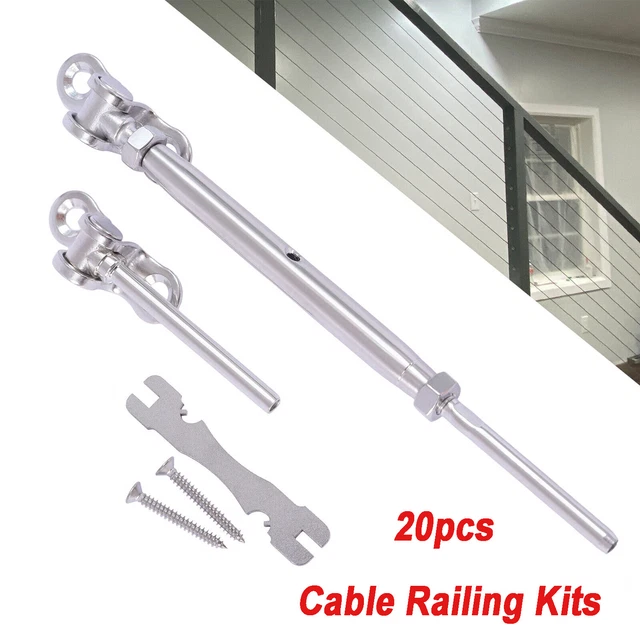 20-Kit Polished 1/8" Cable Railing Kits 180°Adjustable Silver Stair Railing Kits