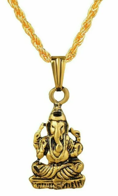 Indian Traditional Gold Plated Brass God Ganesha Pendant With Chain For Unisex