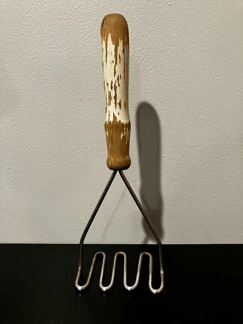 Antique Farmhouse Utensil Potato Masher Wood Handle Great Chippy Patina - B5