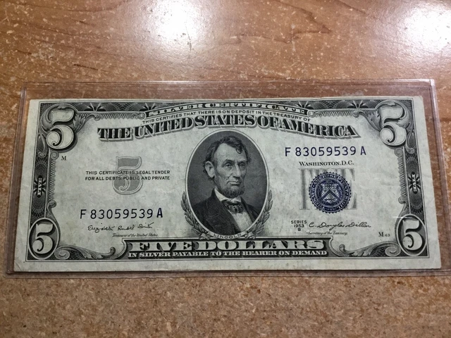 1953 B Misaligned $5 Silver Certificate Blue Seal-FR.1657 FA BLOCK-9539 A