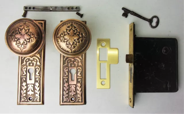 Antique Door Set Victorian / Eastlake Backplate Knob Mortise Lock Key Reclaimed