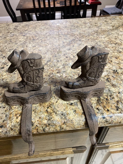 Pair of Vintage Cast Iron Stocking Holder Mantle Hanger, Cowboy  Boot -Heavy