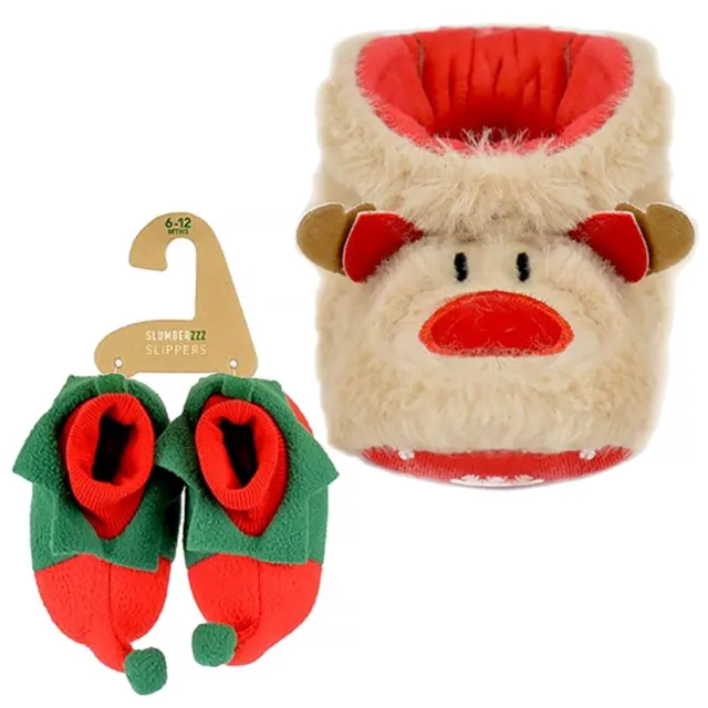 Pantofole natalizie soffici e calde per bambini | suola morbida elfo e renna per bambini