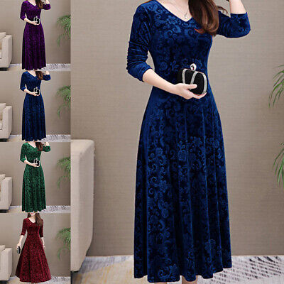 Womens Velvet Floral Swing Dress Ladies Long Sleeve Party Pullover Maxi Dresses