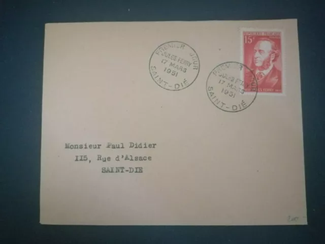 France Premier Jour Fdc Yvert 880 Jules Ferry 15F Saint Die 1951