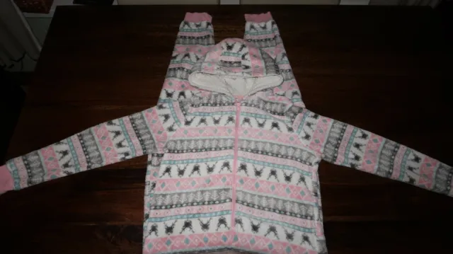Girls Pink Grey Print Pyjama Set Soft Fleece Sleepsuit Hood Matalan 13 Years VGC