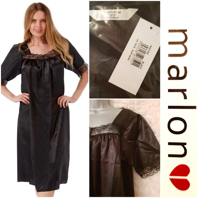 MARLON SIZE 16 18 Black Satin Lace Midi Short Sleeve Nightdress