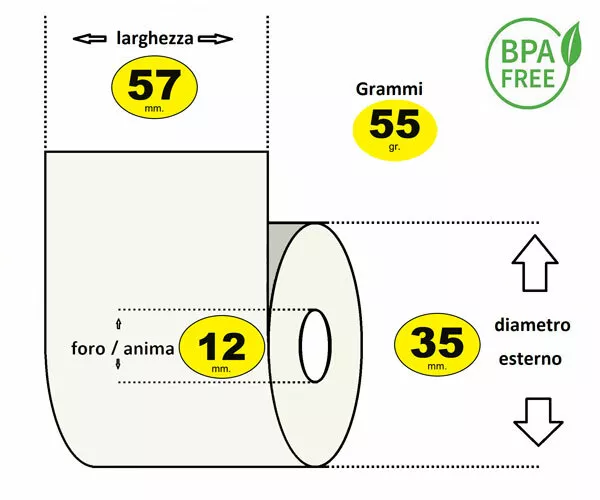 24 ROTOLI CARTA TERMICA PER POS LARGHEZZA 57x15 metri Ø esterno 35 mm foro 12