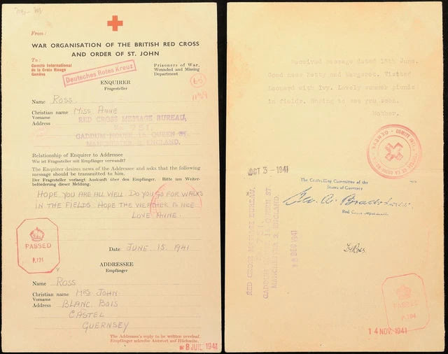 8547) Rotkreuz-Nachrichten Brief 15.6.41 England nach Guernsey Antwort 3.10.41