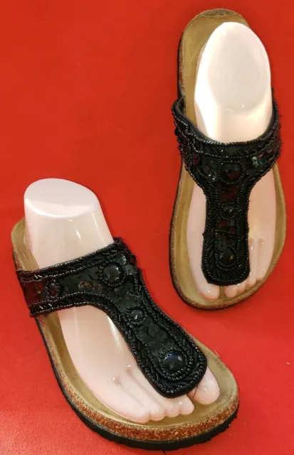 Women's Thong Toe Post Sandals Size 7-7.5M Black With Sequins And Beads