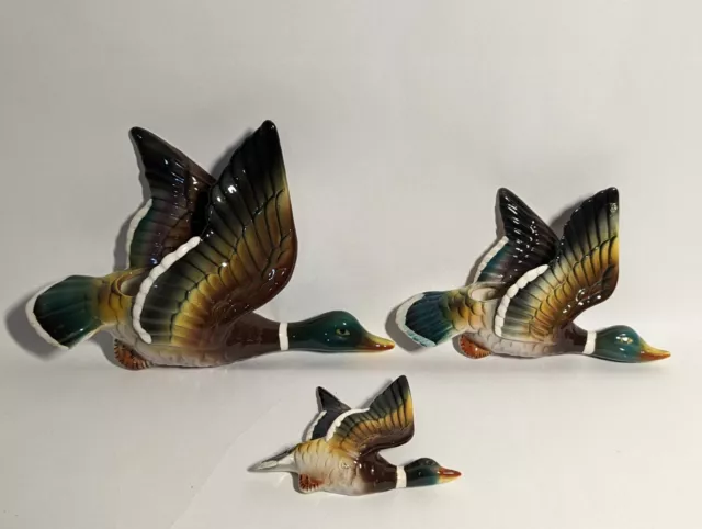 Vintage JAPAN Set Of 3 Ceramic Flying Duck Wall Planter Pocket Mallard Wings Up