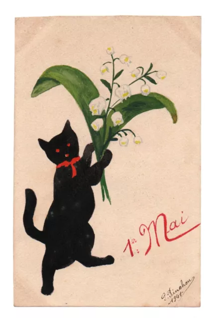 Cartolina Fumetto E Acquerellato. 1er Mai. Gatto Nero
