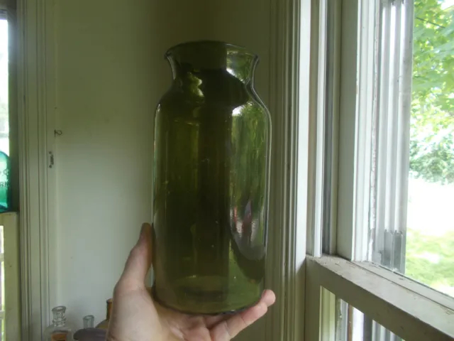 1790 Early Pontiled Free Blown Green Fruit Jar Or Storage Jar Crude Rim 10 1/4" 2