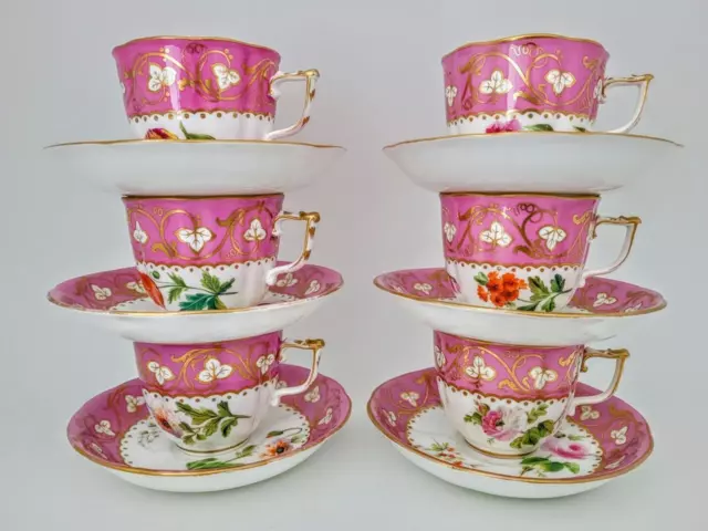 Set of Coalport / Ridgway Style Antique 19th Century Floral Tea Cups & Saucers