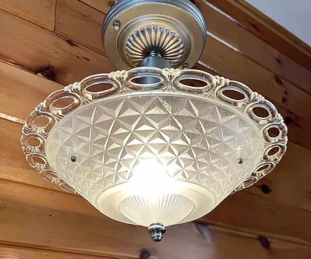 Antique 30s-40s Art Deco Nouveau Victorian Geometric Lace Ceiling Light Fixture