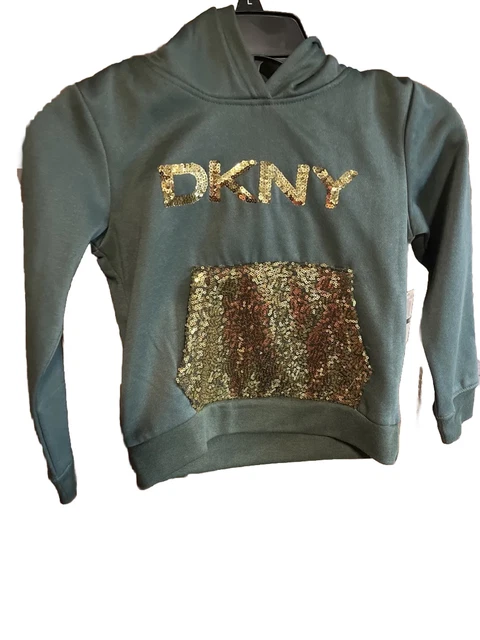 DKNY Embellished Hoodie For Girls Size 6 Green Hooded Pullover Sweatshirt $62