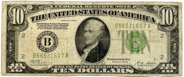 $10 Federal Reserve Banknote (Small), 1928 (Lime Green Seal) New York Fr#2002-B