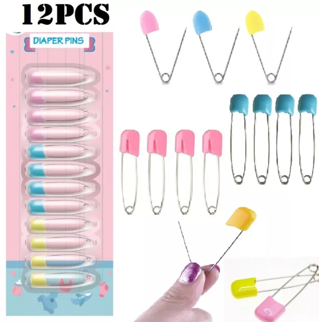 12 Nappy Diaper Safety Pins Fasteners Large Colours Heads Sewing Dry Cleaning