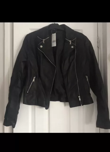 Ladies Black Biker Jacket Size 10 Womens Coat Leather Look