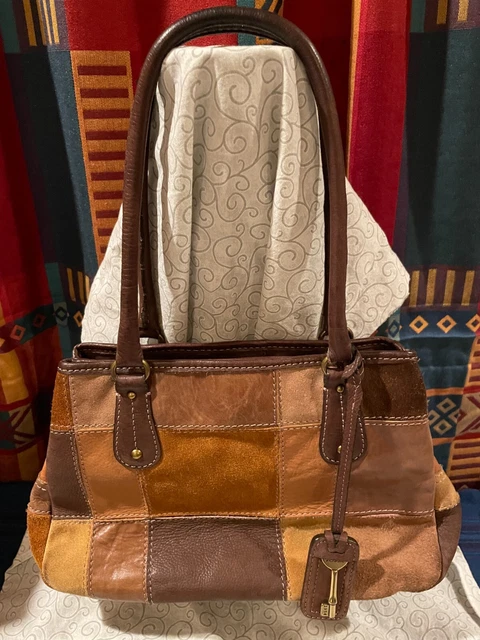 FOSSIL Multicolor Patchwork Brown Suede/Leather Double Straps Purse