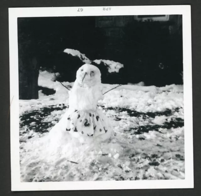 Snowman Wearing Rooster Print Kitchen Apron Photo Snapshot 1960s Winter Fun Snow