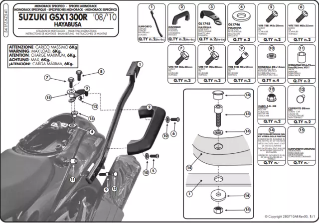 KAPPA attacco bauletto MONOKEY MONOLOCK PER SUZUKI GSX 1300R Hayabusa 2012 2013