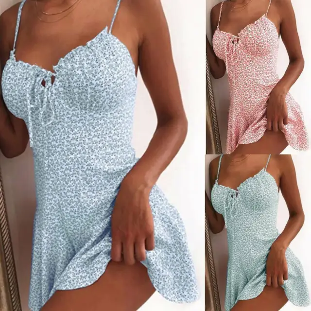Womens Sexy Summer Mini Dress Holiday Beach Boho Floral Strappy Swing Sundress