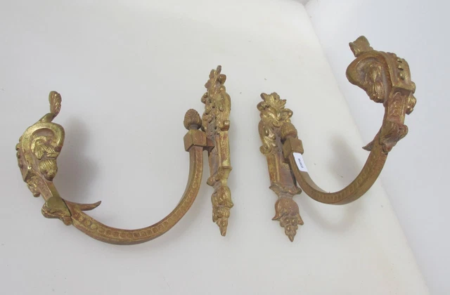 Antique Brass Curtain Tie Backs Hooks French Old Victorian Rococo Leaf Georgian