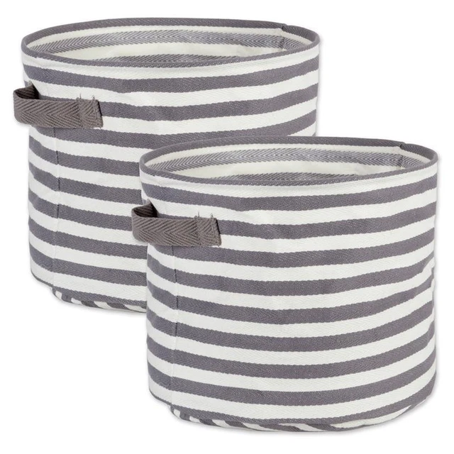 DII Round Modern Woven Cotton Medium Stripe Laundry Bin in Gray (Set of 2)