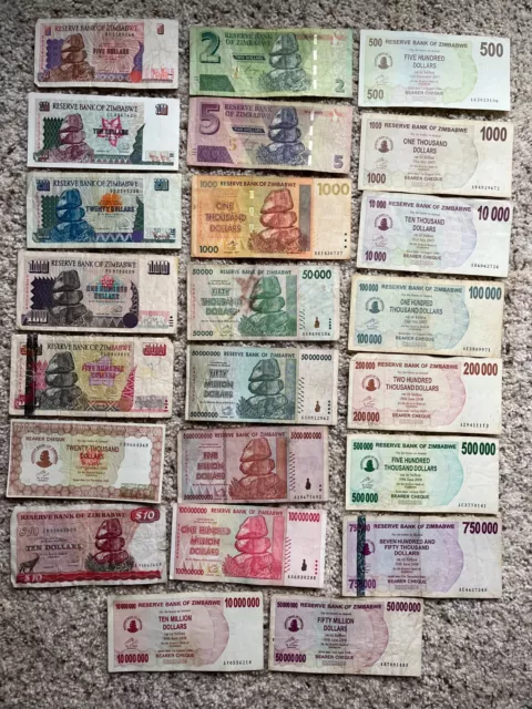 Lot of 23 Different Assorted Zimbabwe Banknotes Circulated World Paper Money