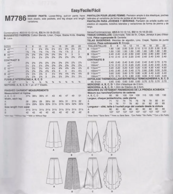 Sewing Pattern Pants in various styles/lengths, Misses' Size 14 - 22 US # 7786 2