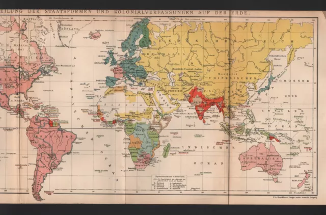 Landkarte map 1896 VERTEILUNG DER STAATSFORMEN U KOLONIALVERFASSUNGEN AUF D ERDE