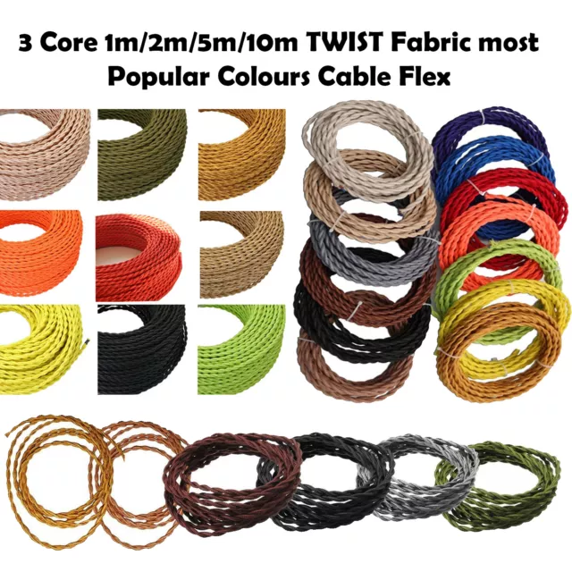 3 Core Twisted Vintage Style Coloured TWISTED Braided Fabric Cable Lamp Flex UK