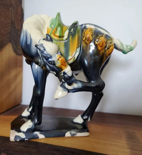 Vtg Chinese Tang Dynasty Style Drip Glaze War Horse Porcelain Imperial Black