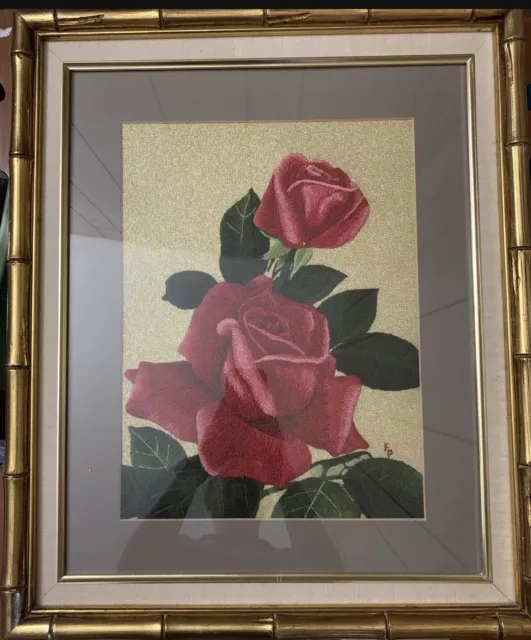 Las medidas de bordado de rosas Bunka enmarcado son 22"" de ancho por 24"" de alto