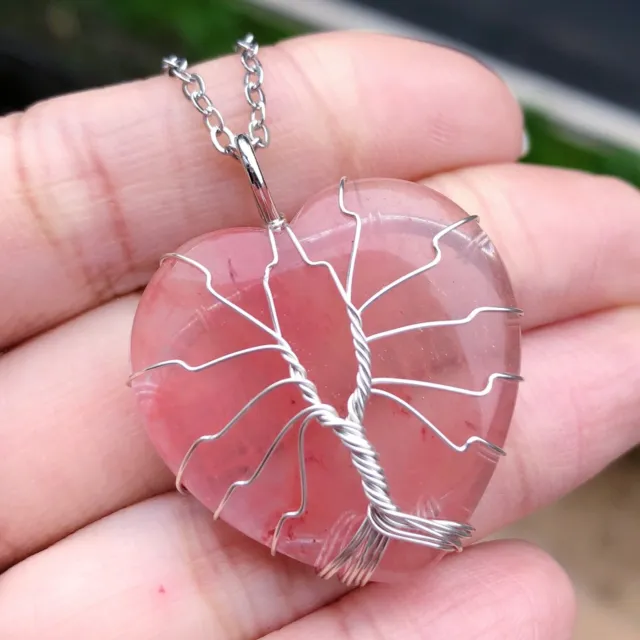 Cheery Quartz Gem stone Tree of life Necklace Heart  Chakra Reiki Healing Amulet
