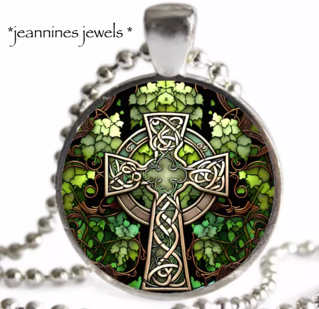 Irish Cross Celtic Necklace Faux Stained Glass ART PRINT Silver Charm Pendant