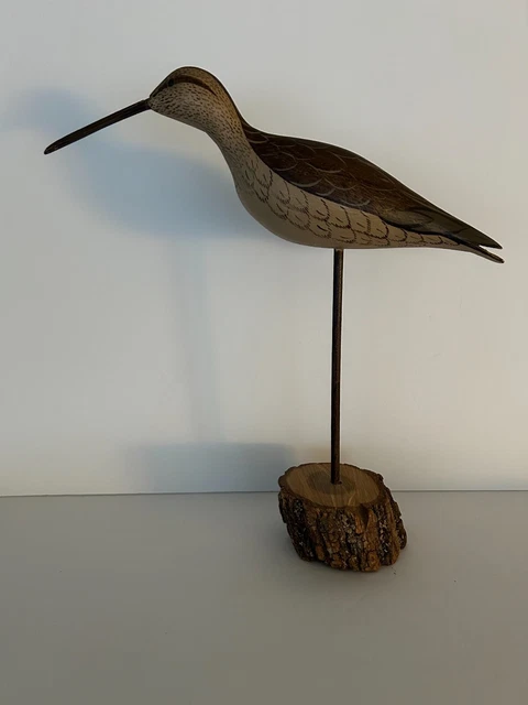 Rare Charles Moore Hand Carved Long Billed Shorebird Decoy on Stand