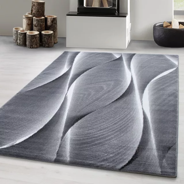 Modern Wohnzimmer Teppich Kurzflor Holz optik Wellen Design Grau, Pflegeleicht