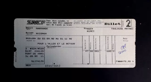 Ancien billet de train SNCF - Marmande Avignon 1990