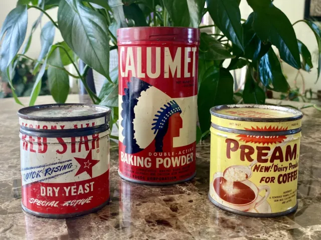 3 vintage tins RED STAR yeast PREAM coffee creamer CALUMET baking powder can lot
