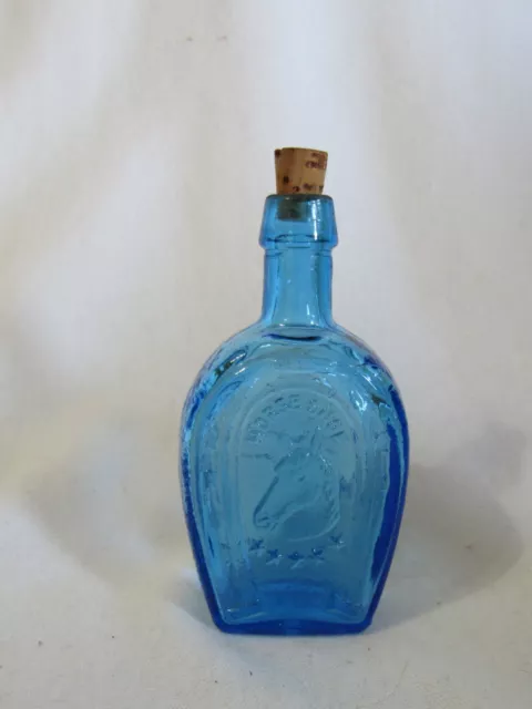 Vintage Wheaton Mini 3" BLUE Bottle Horseshoe Horse Head Rodeo Cowboy Decor