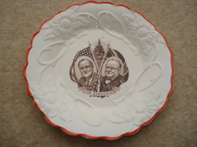 Cww2 Vintage For Democracy Churchill&Roosevelt James Kent Souvenir Plate