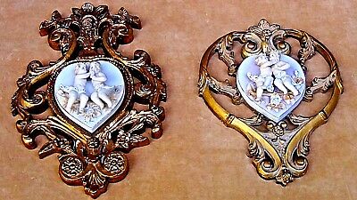 Pair Antique Italian Cherubs,Putti Plaques In Wood Gilt Carved Ornate Frame