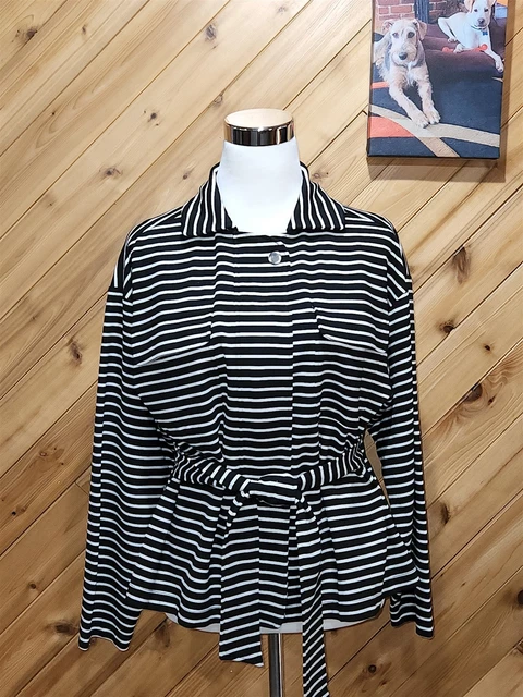 Chico's Black White Stripe Belted Oversized Jacket 1 S 6/8