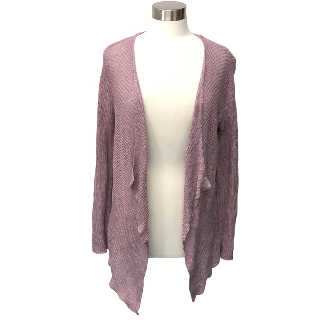 Eileen Fisher Womens Sz M Open Front Cardigan Sweater Linen Cotton Purple Hi Low