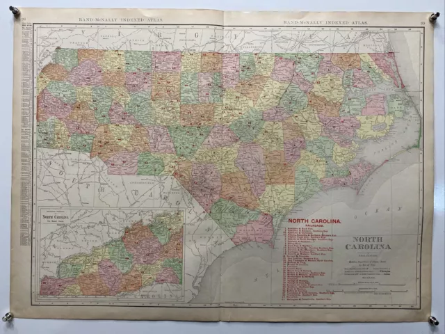 Large Format 1905 COLOR Rand McNally Map Atlas Page 98&99 North Carolina
