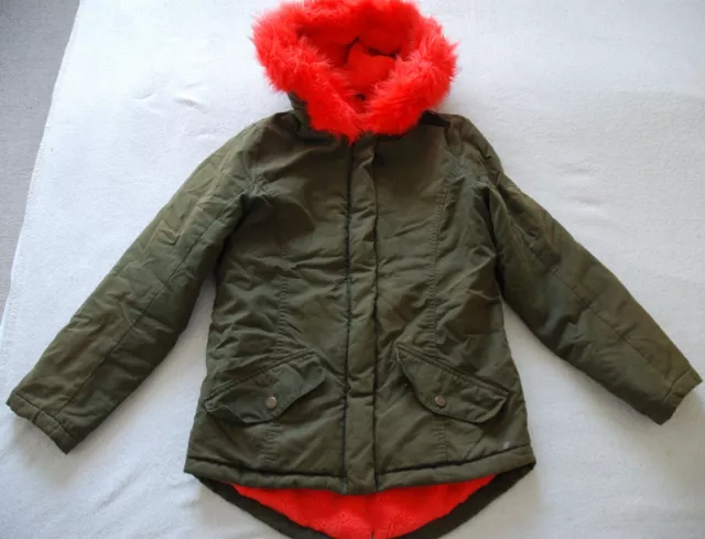 Arabella & Addison Girls Parka Coat Jacket Khaki Green & Orange Lining 11-12 YRS