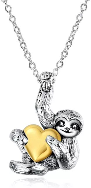 925 Sterling Silver Plated Sloth Necklace Heart Animal Pendant Women Jewelry